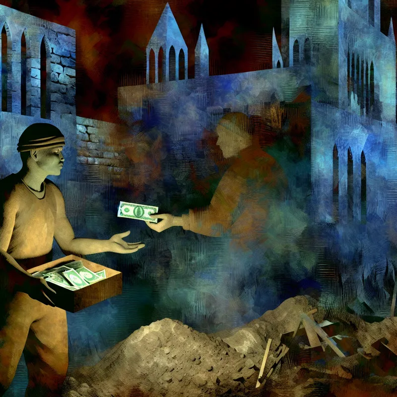 Schaduwrijke scène van zwart werk met een arbeider die contant geld ontvangt van een anonieme werkgever bij een geheime bouwplaats in de schemering