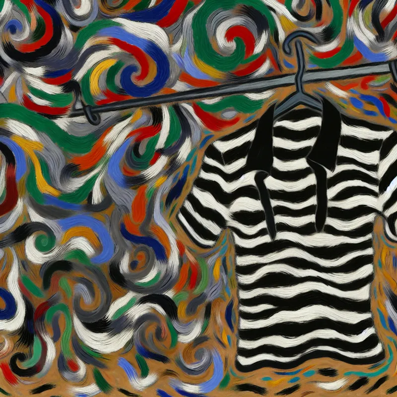 Abstract expressionistisch schilderij van een zwart-wit gestreepte shirt aan een waslijn in een chaotisch landschap met kleurrijke, zwervende vormen