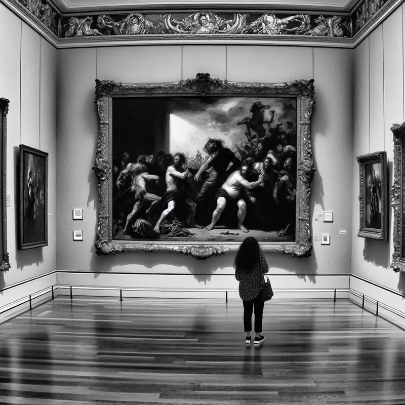 Zwart-wit kunstgalerie met een bezoeker die een groot schilderij bewondert