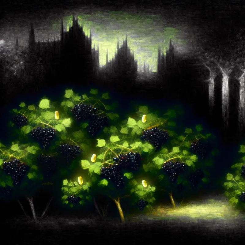 Een mysterieus tuinlandschap met een zwarte bessenstruik vol rijpe, zwarte bessen, omgeven door schaduw en een silhouet van gotische architectuur op de achtergrond.
