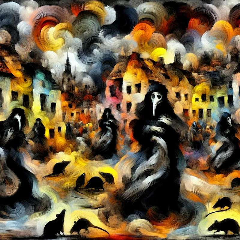 Abstract expressionistisch tafereel van de Zwarte Dood in middeleeuws Europa met chaotische figuren, pestdokters en verwoeste gebouwen