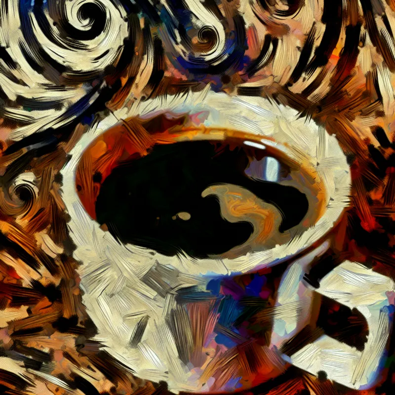 Abstract expressionistisch schilderij van een dampende kop zwarte koffie zonder melk of suiker, omringd door dynamische penseelstreken in diepe bruintinten en levendige kleuraccenten