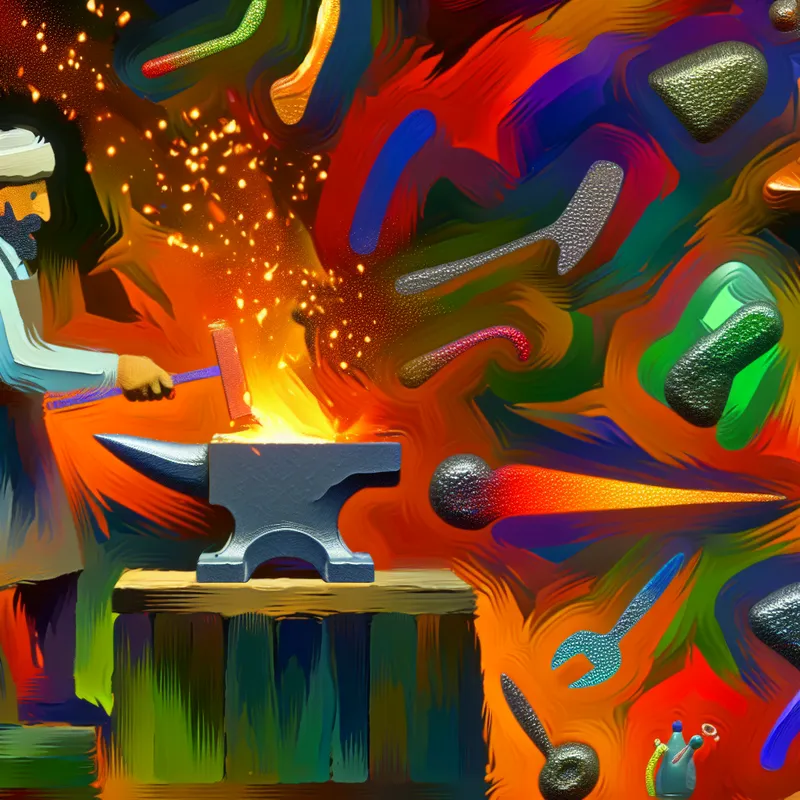 Een energieke zwarte smid die gloeiend metaal bewerkt in een kleurrijke, abstracte werkplaats.