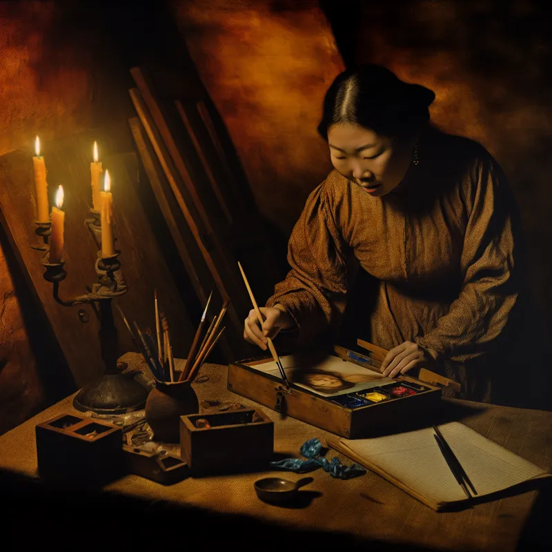 Schilder werkt in het geheim bij kaarslicht, hint naar zwartwerken met verborgen geldkistje op tafel