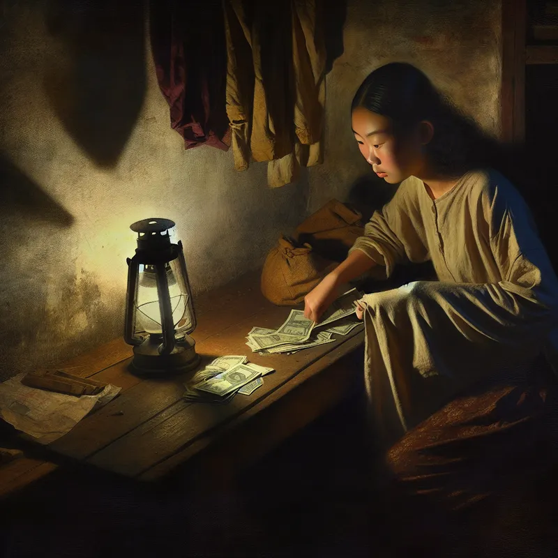 Jonge student telt zwart verdiend geld bij lamplicht in een donkere kamer, schilderij in stijl van Gerard ter Borch