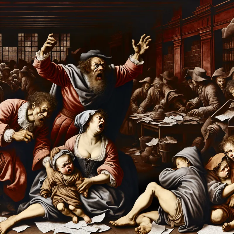 Barokke scène van een dreigende man die chaos veroorzaakt in een gezin, symboliserend een bron van ellende en frustratie