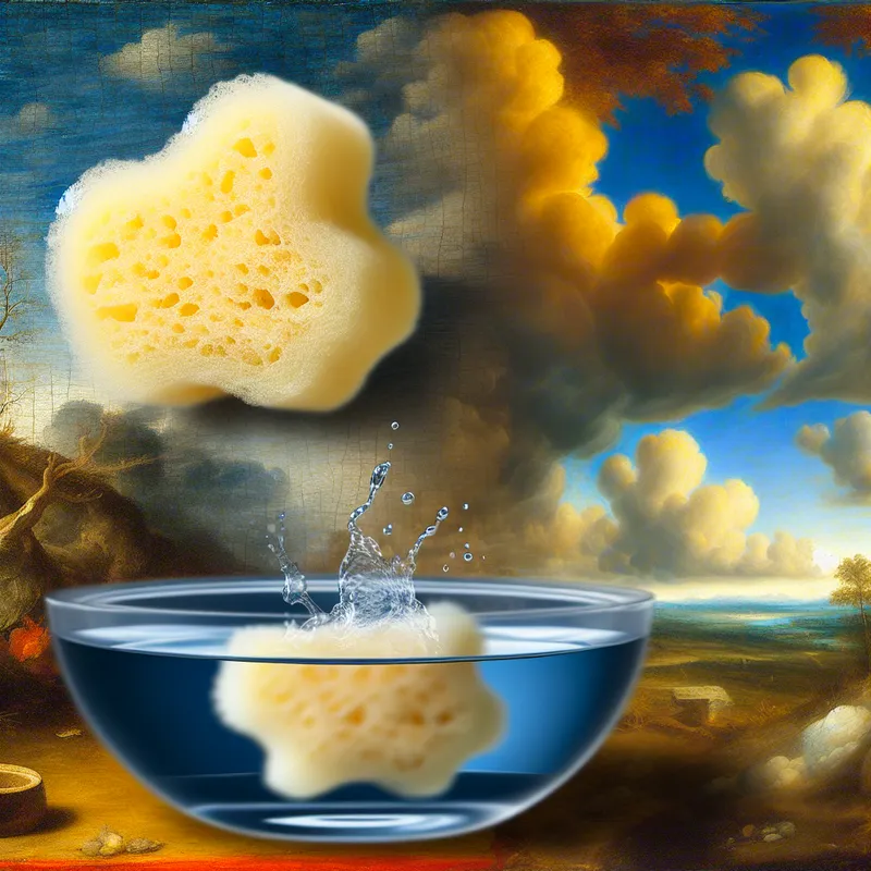 Kleine spons die zwelt in een kom water met dramatische achtergrond