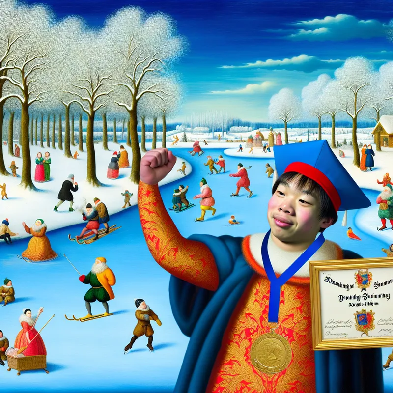 Winterlandschap met jongen en zijn zwemdiploma bij een bevroren vijver