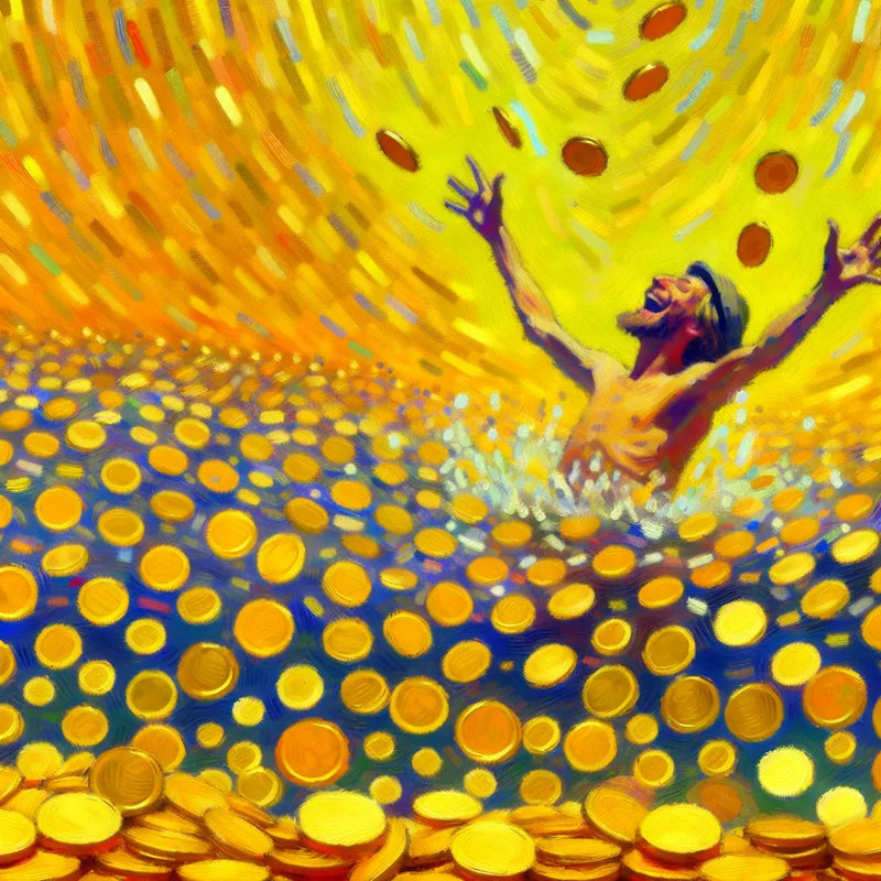 Vrolijke persoon die ontspannen zwemt in een zee van gouden munten, symbool voor overvloed en rijkdom