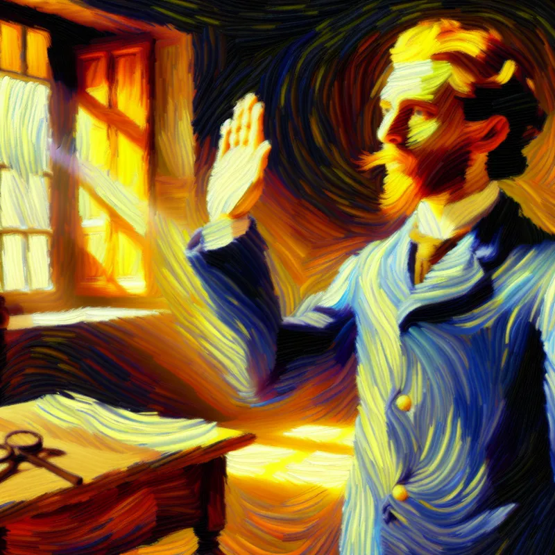 Persoon zweert met grote zekerheid in een expressief Van Gogh-schilderij met warme kleuren en dynamische penseelstreken