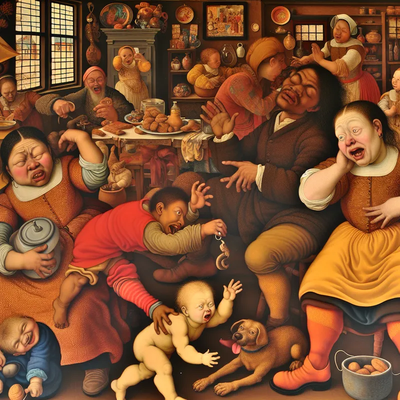 Gezellig Nederlands huishouden in de stijl van Jan Steen, waar een kind een koektrommel probeert te pakken terwijl de ouders toegeeflijk reageren, illustrerend het begrip 'zwichten voor verleiding'